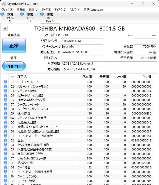 内蔵型ハードディスクドライブ Toshiba HDD 8TB 7200rpm MN08ADA800