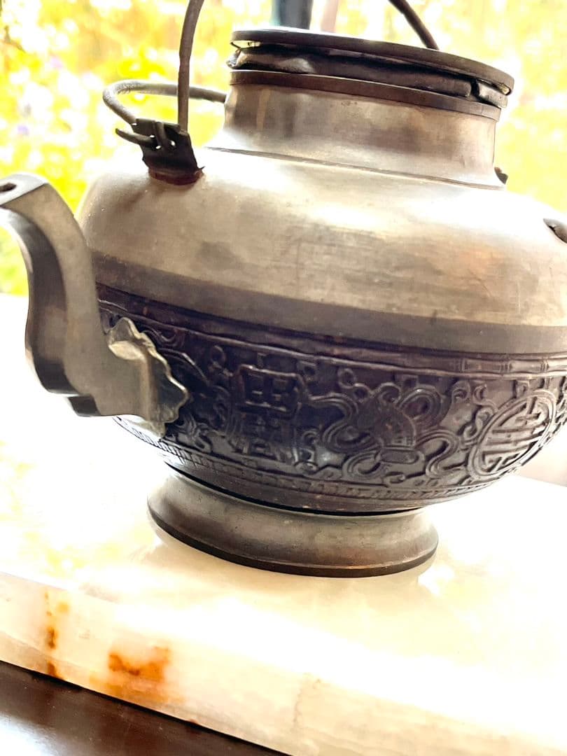 戦時中骨董　引き揚げ品　ヤシの木彫刻の急須
