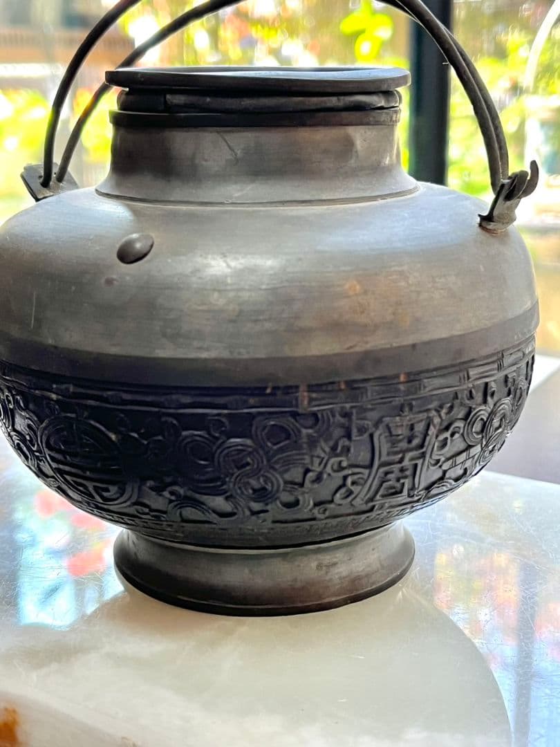 戦時中骨董　引き揚げ品　ヤシの木彫刻の急須