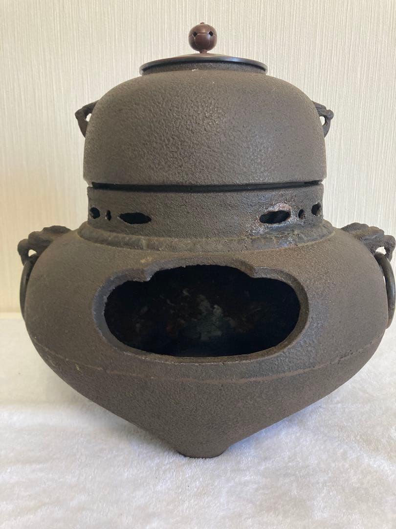 茶道具 鉄製 風炉釜 切合釜 鉄鬼面風炉　炭型電熱器