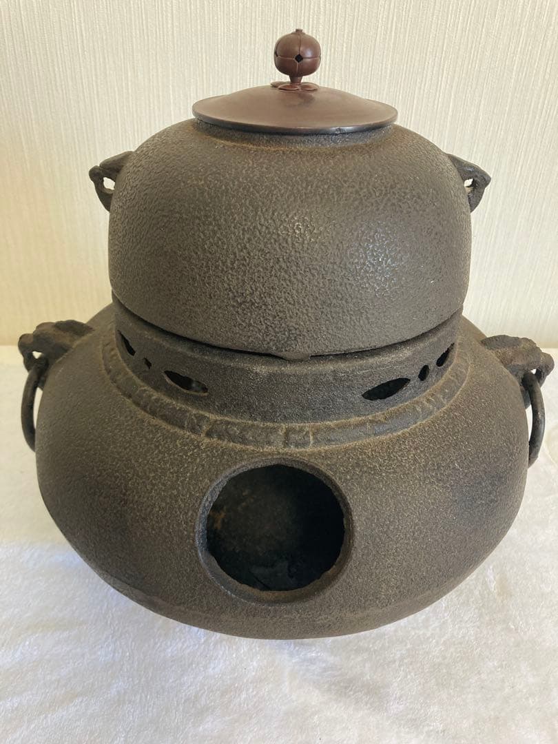 茶道具 鉄製 風炉釜 切合釜 鉄鬼面風炉　炭型電熱器