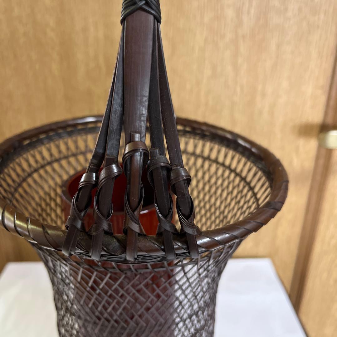 竹泉作　竹製 編みかご付き花器