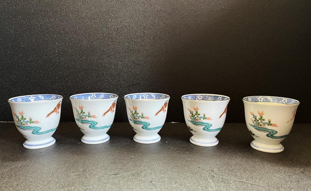 古伊万里　明彩瓷 湯呑　酒器　金彩　染錦鶴文　５客