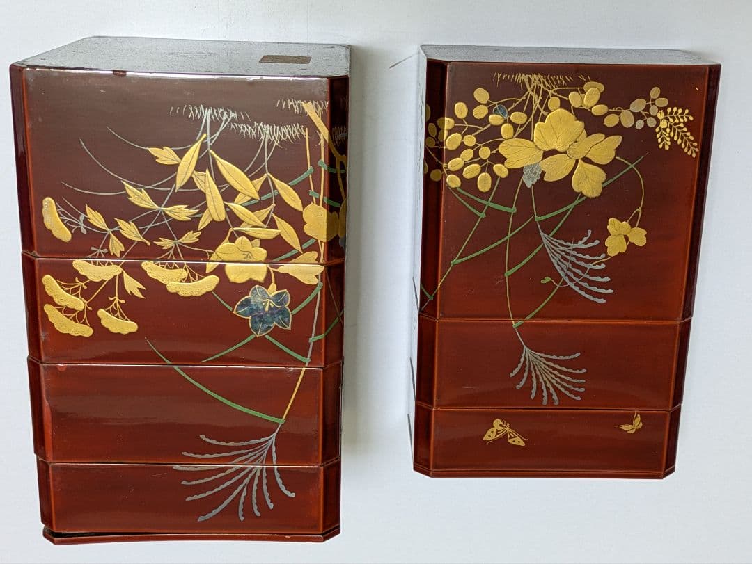 蒔絵金箔漆塗り重箱2個セット 金箔装飾付き