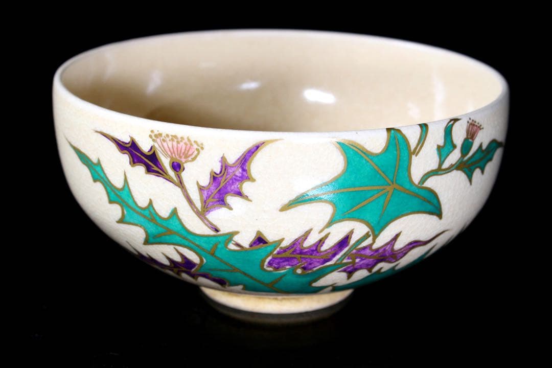 M12-1 清閑寺窯 杉田祥平 色絵仁清あざみ文茶碗 12.5cm 共箱 茶道具