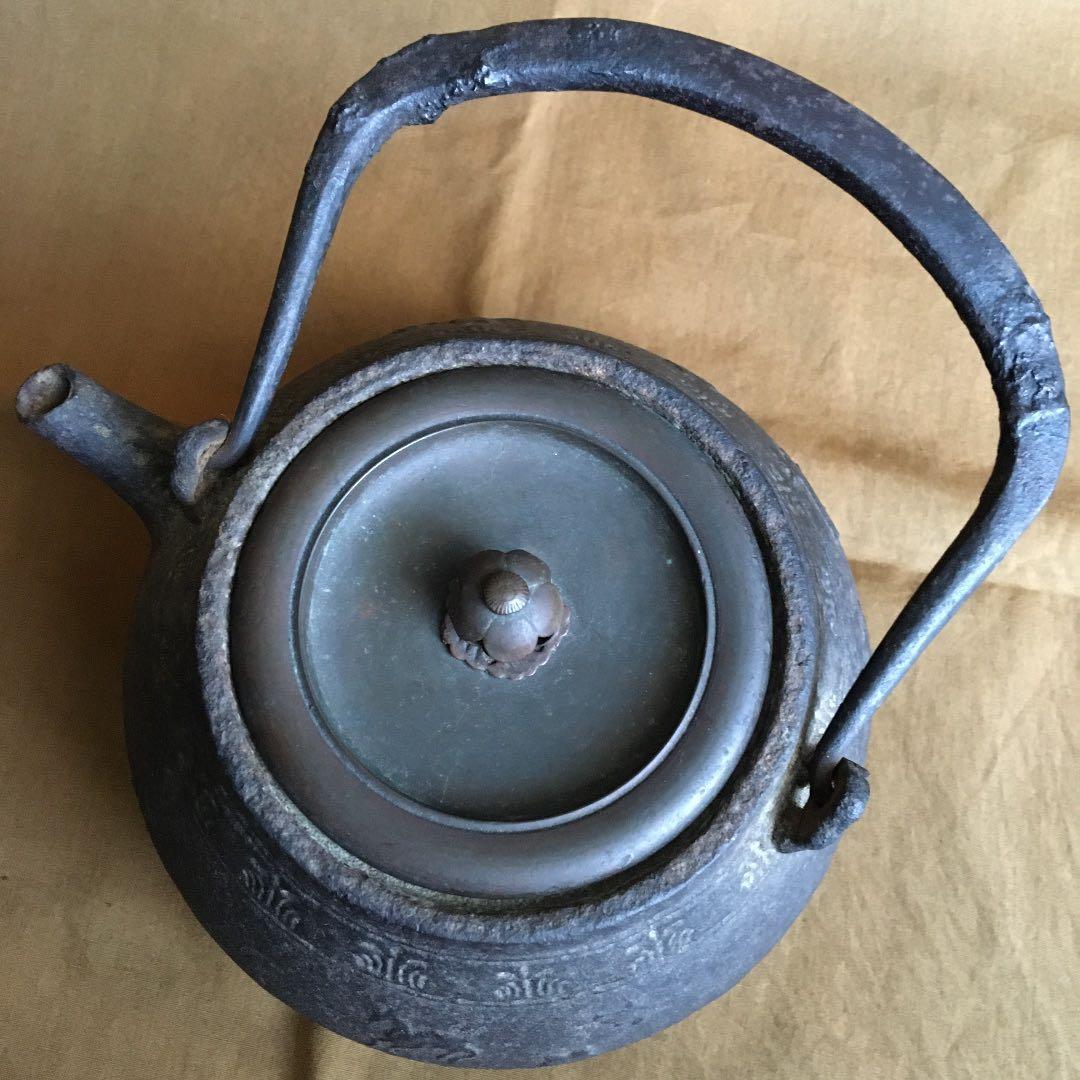 時代物 龍文堂造 馬 鹿 紅葉 平丸型 鉄瓶 急須 湯沸 茶道具 骨董 伝統工芸