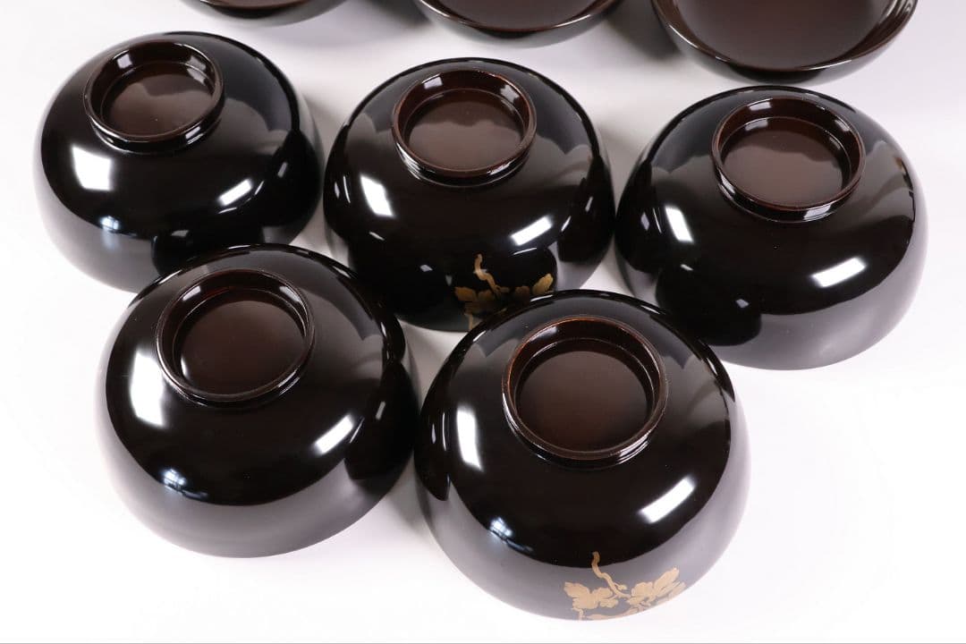 【CM434】天然木漆塗 菊金蒔絵 笹 黒塗椀五客 大正昭和 / (検)輪島加賀