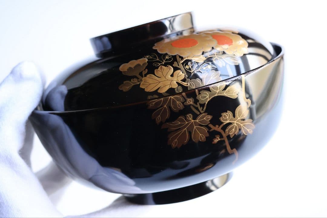 【CM434】天然木漆塗 菊金蒔絵 笹 黒塗椀五客 大正昭和 / (検)輪島加賀