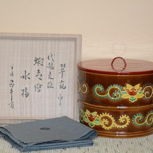 茶道具　尋牛斎宗匠箱書　中村翠嵐造　代赭交趾蝦夷絵水指　美品　古物　送料込み