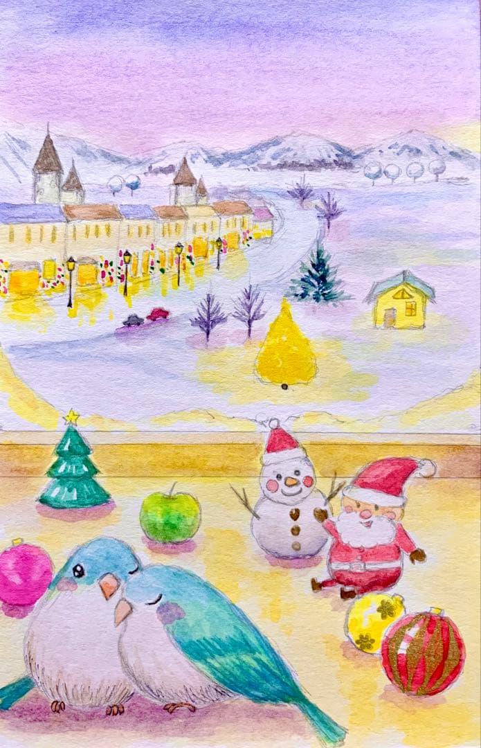 みみ冬の風景 水彩画 12月の仲良しインコ　値段は※900円です