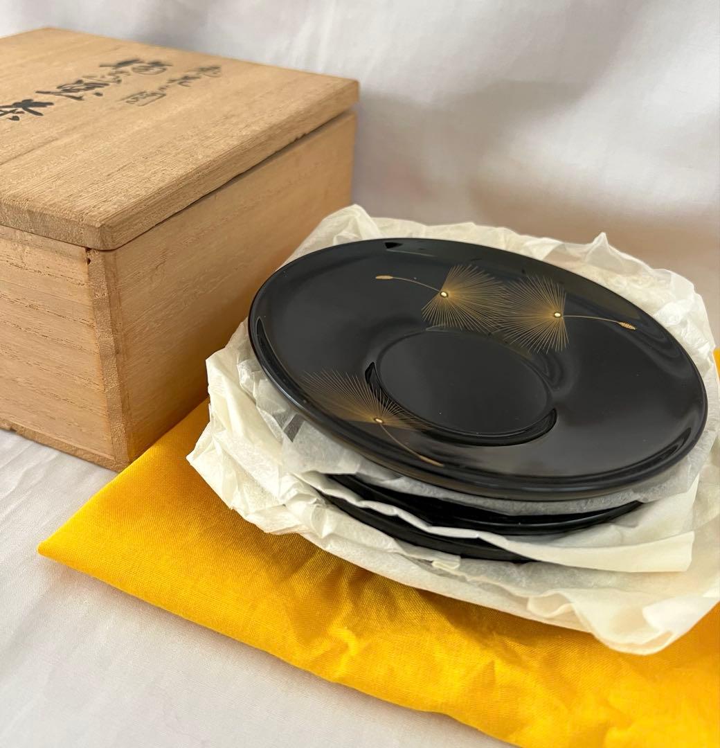 輪島塗　飛花ノ図　茶托　5客　漆芸沈金 小西啓介作　共箱付