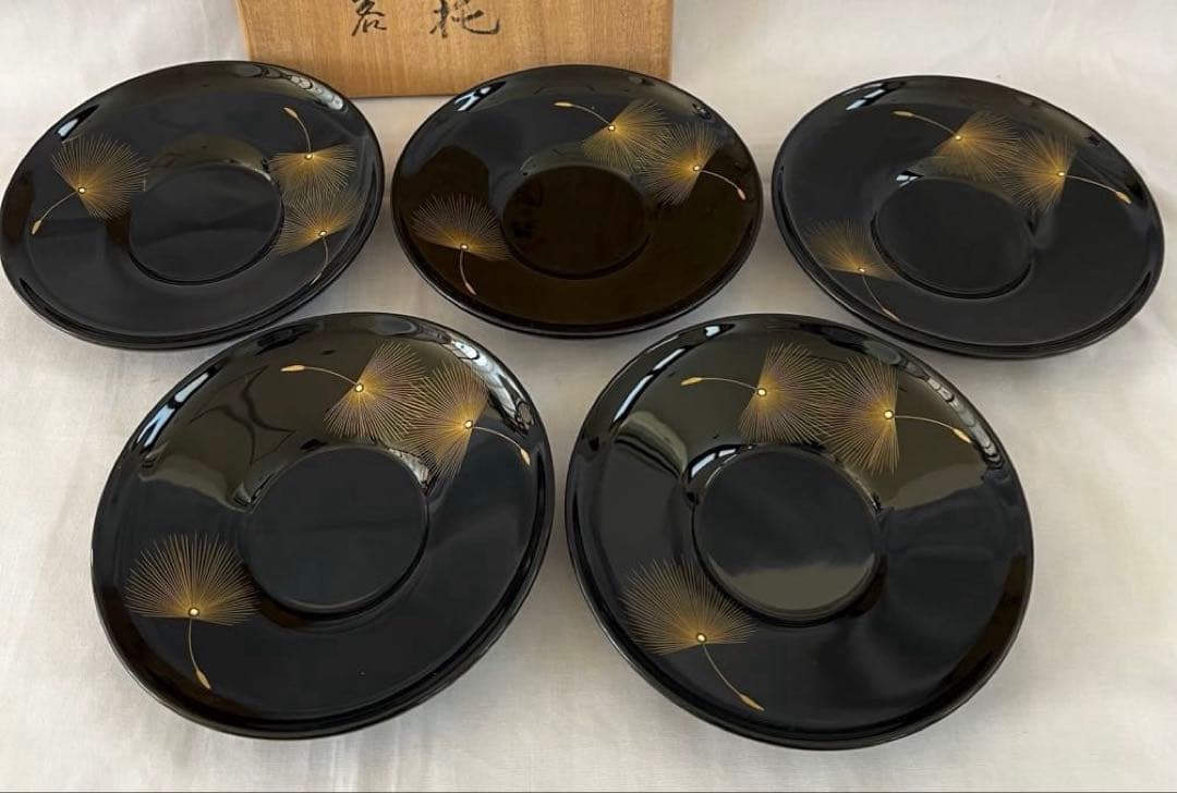 輪島塗　飛花ノ図　茶托　5客　漆芸沈金 小西啓介作　共箱付