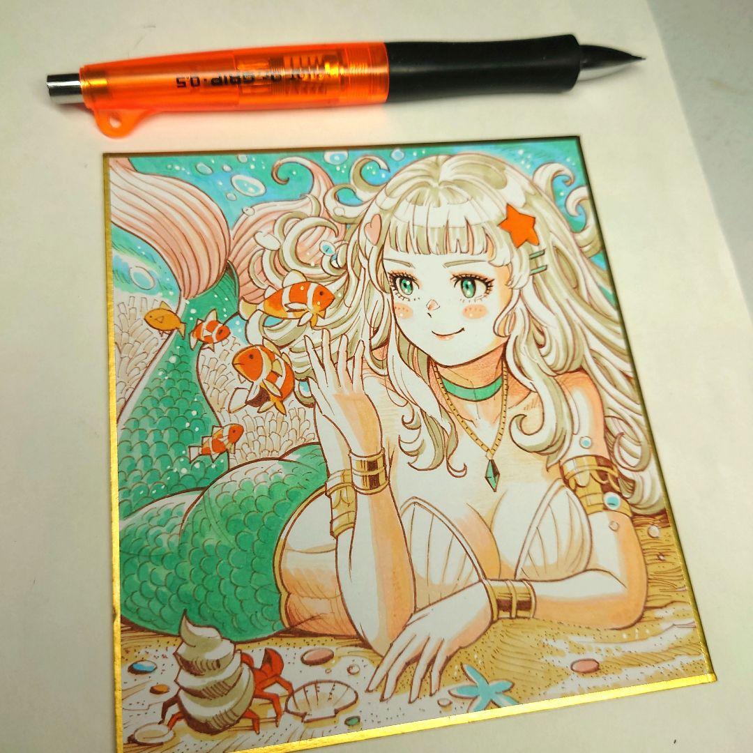 【手描きイラスト 065】オリジナル原画色紙 コピック「人魚姫と虹色の海」