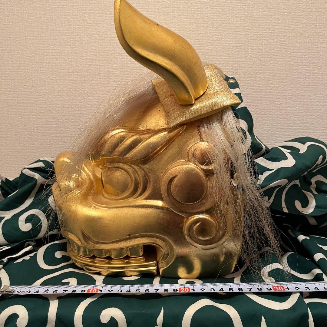 【希少】　.獅子舞　獅子頭　金箔　木彫　魔除け　金彩　古美術　木製 木彫 お祭り