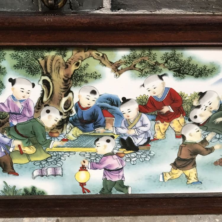 景徳鎮 陶磁板絵 童子遊び戯れる 装飾品 工芸品 美術品 置物