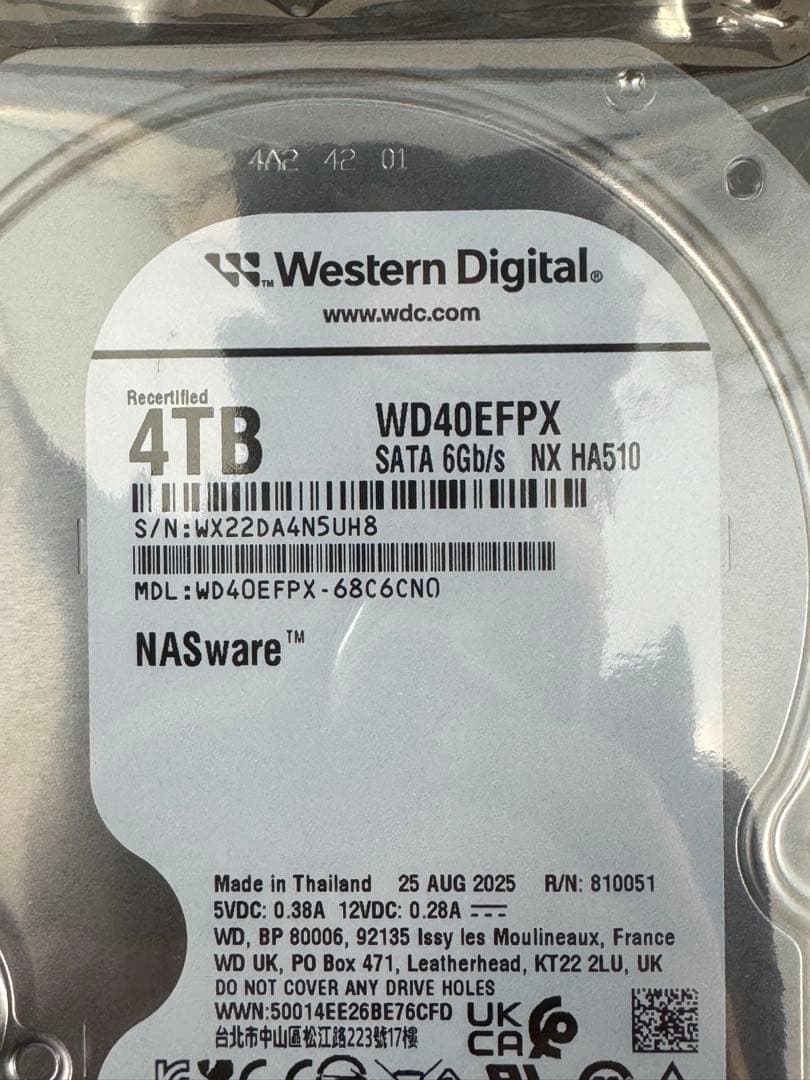 【新品 未使用】 WesternDigital RED 4TB WD40EFPX