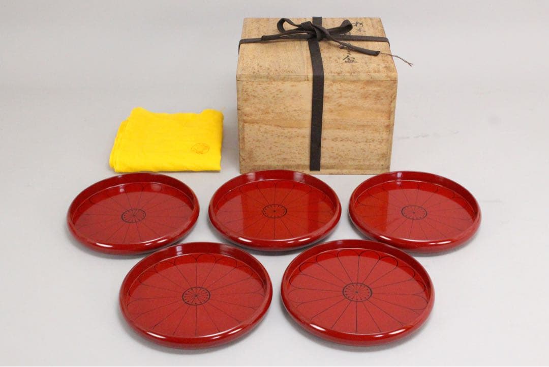 No5297高桑泉斎 造　朽木菊銘々盆　直径15cm 5客　共布/共箱　送料無料