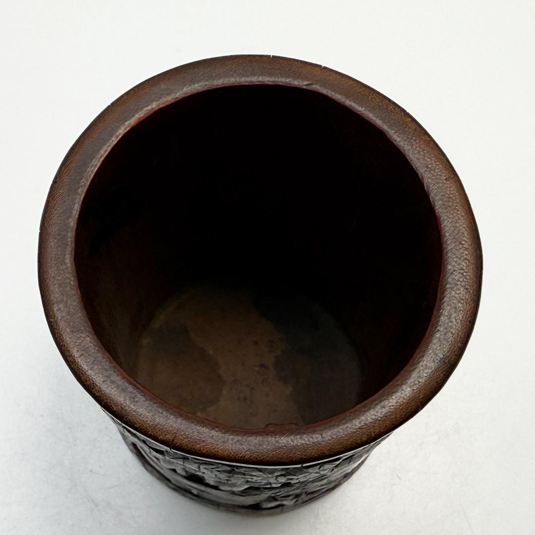 中国美術 竹製 彫刻 筆筒 筆立 書道品 在銘