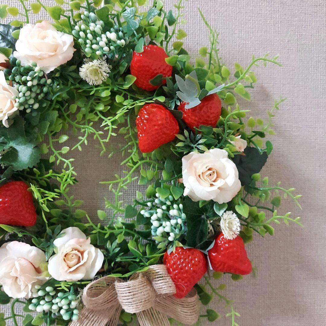 フラワーリース 春の足音10 いちごと薔薇たち 玄関リース 造花