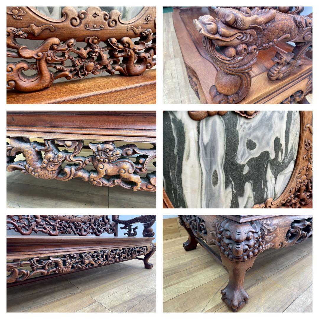 T8284☆美品☆極上の逸品☆花梨無垢材☆3人掛けソファ☆大理石☆彫刻☆中国唐木