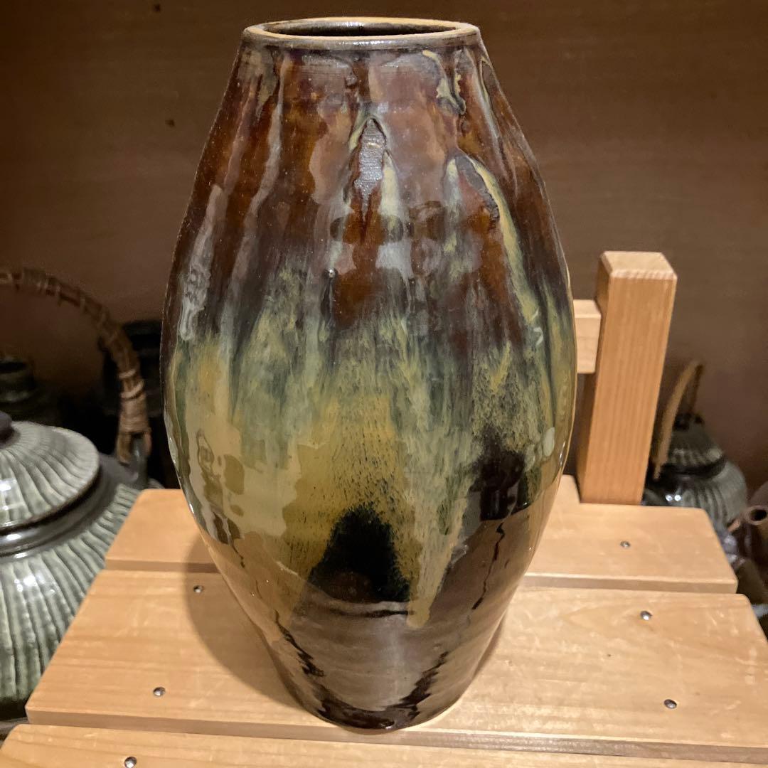名工　黒木力　作　小鹿田　大砲花瓶　民藝