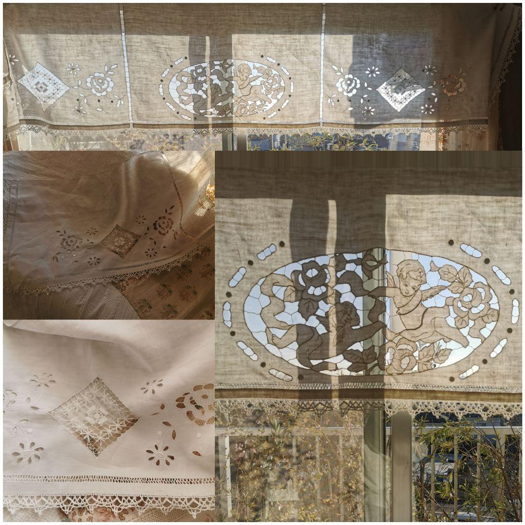 アンティークフランス オープンカットワーク リシュリュー天使 手刺繍ロングクロス