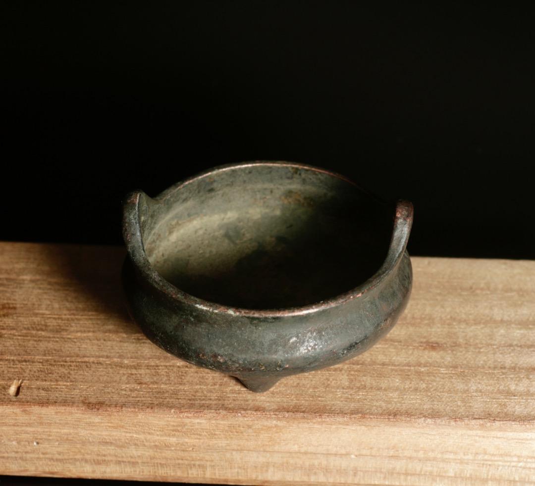 中古 銅製 宣徳款 小型沖天耳炉 香炉 中国美術 古銅香炉 C1A287