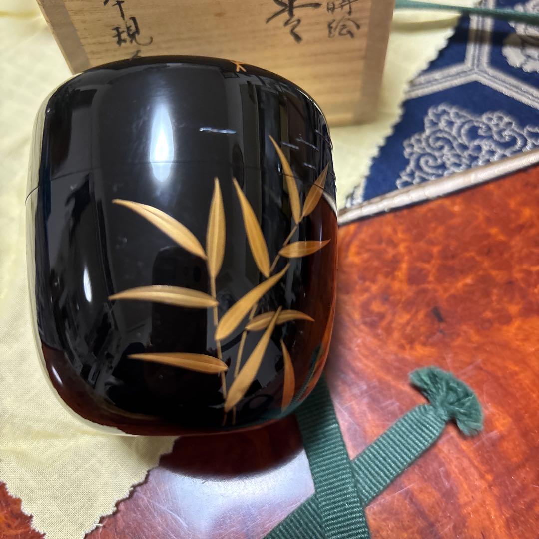 塚本規義黒色木製棗 金箔装飾付き