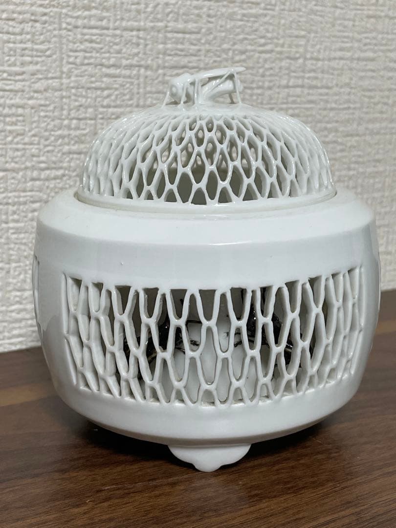 赤松白斎 白磁透かし虫籠香炉 蜂摘 コオロギ細工 茶道具 美品