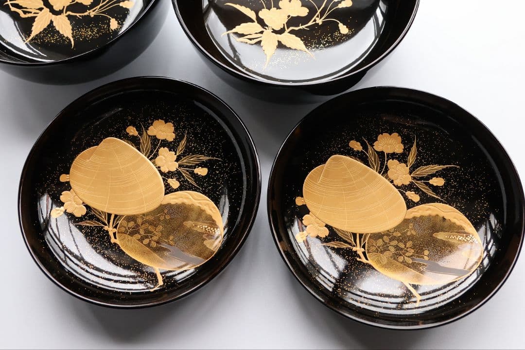 【CM445】加賀蒔絵 天然木漆塗 貝合わせ 蛤桜 金蒔絵 黒煮物椀 二客 昭和