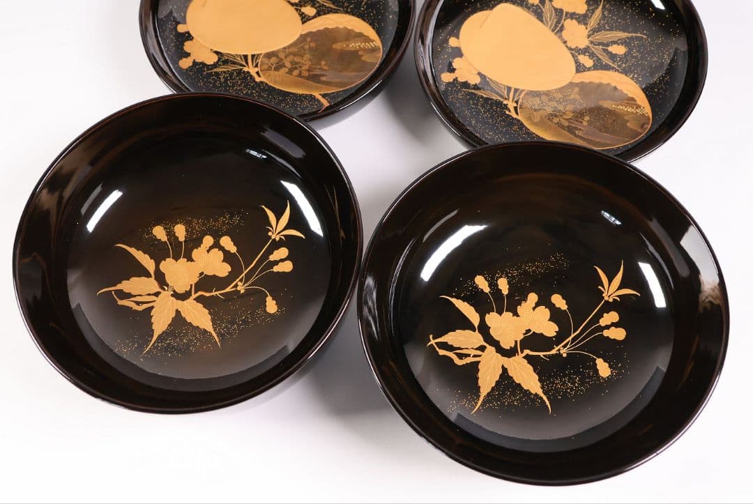 【CM445】加賀蒔絵 天然木漆塗 貝合わせ 蛤桜 金蒔絵 黒煮物椀 二客 昭和