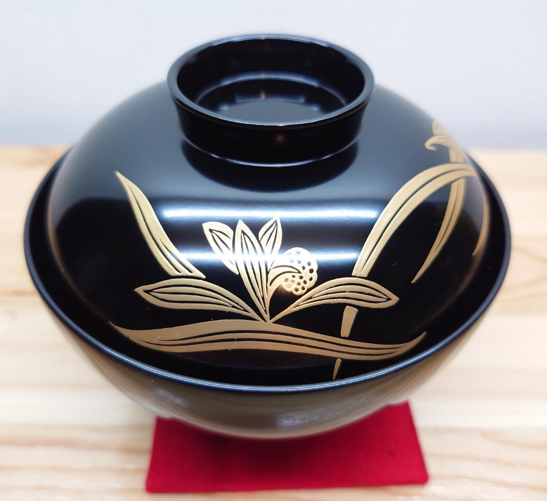 送料込【逢絢亭】茶道具 懐石道具 吸物椀 蘭蒔絵 木質 合成漆塗 ９客 紙箱入り