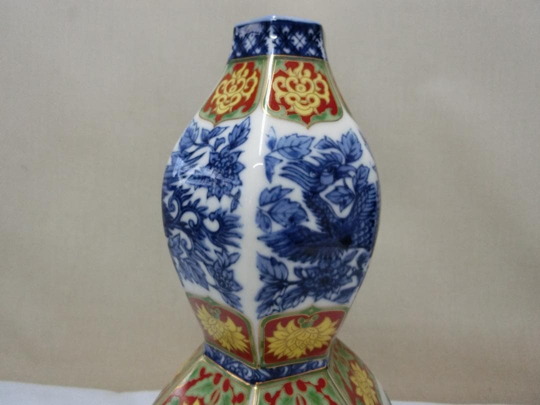 【中国陶磁器　花器花瓶　多角面　色絵龍鳳凰花文・WA・古董古玩】◆骨董 美術工芸