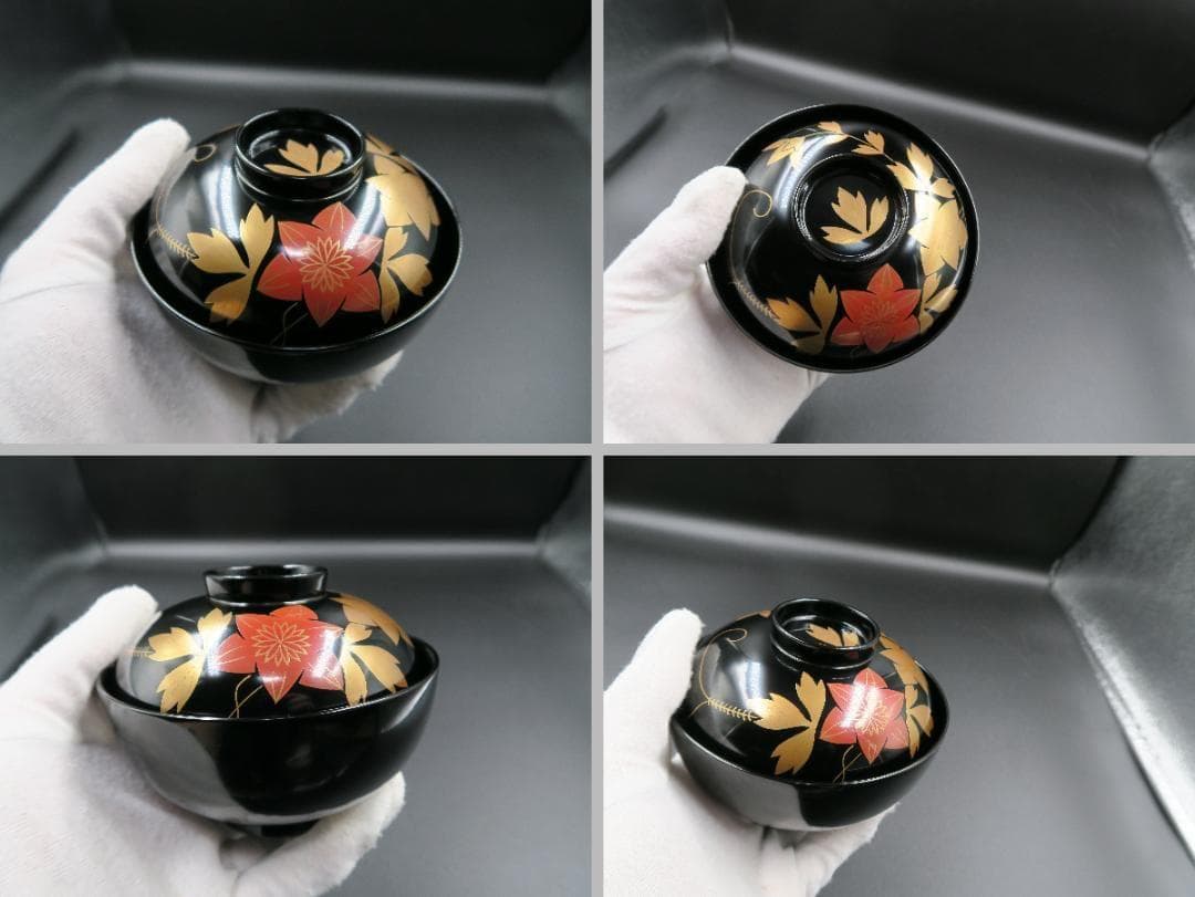 【輪島塗】鉄仙蒔絵 吸物椀 黒塗 見返し金彩蒔絵 鉄仙の葉 五客揃 天然木 共箱