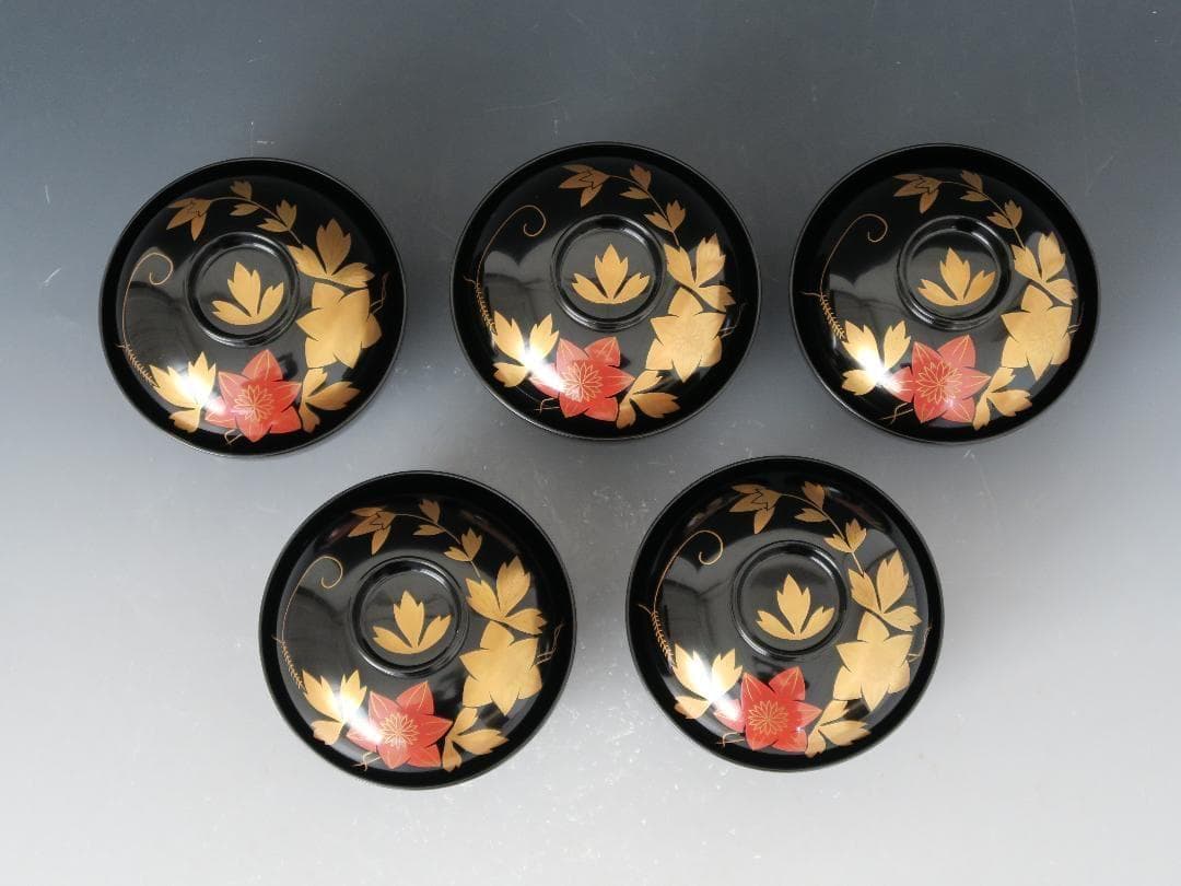 【輪島塗】鉄仙蒔絵 吸物椀 黒塗 見返し金彩蒔絵 鉄仙の葉 五客揃 天然木 共箱