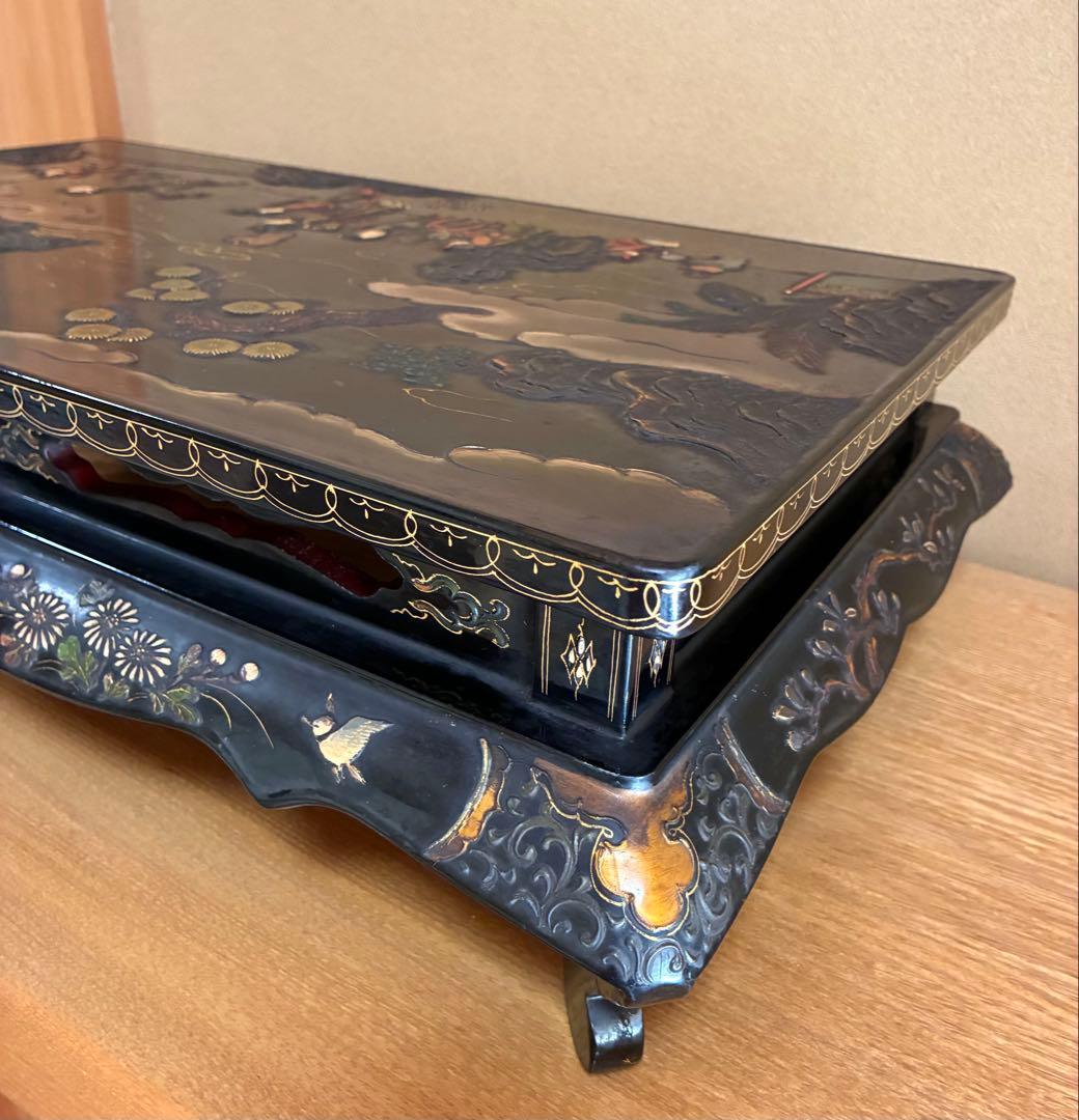 飾台 黒漆 蒔絵 木彫 文人 山水 猫足 中国古玩 古美術品 骨董品
