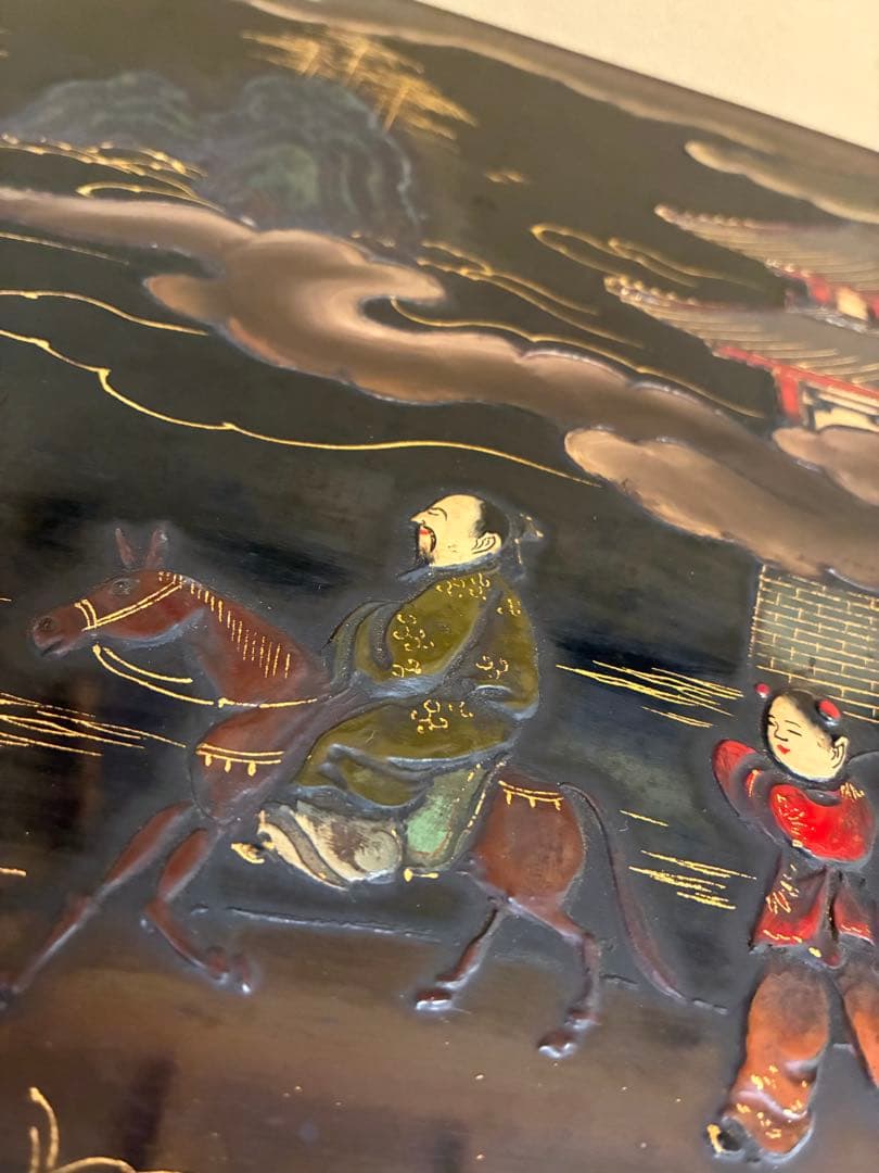 飾台 黒漆 蒔絵 木彫 文人 山水 猫足 中国古玩 古美術品 骨董品