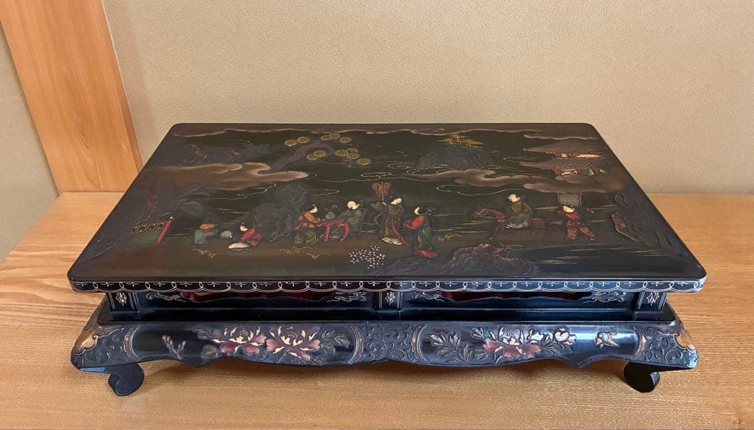飾台 黒漆 蒔絵 木彫 文人 山水 猫足 中国古玩 古美術品 骨董品