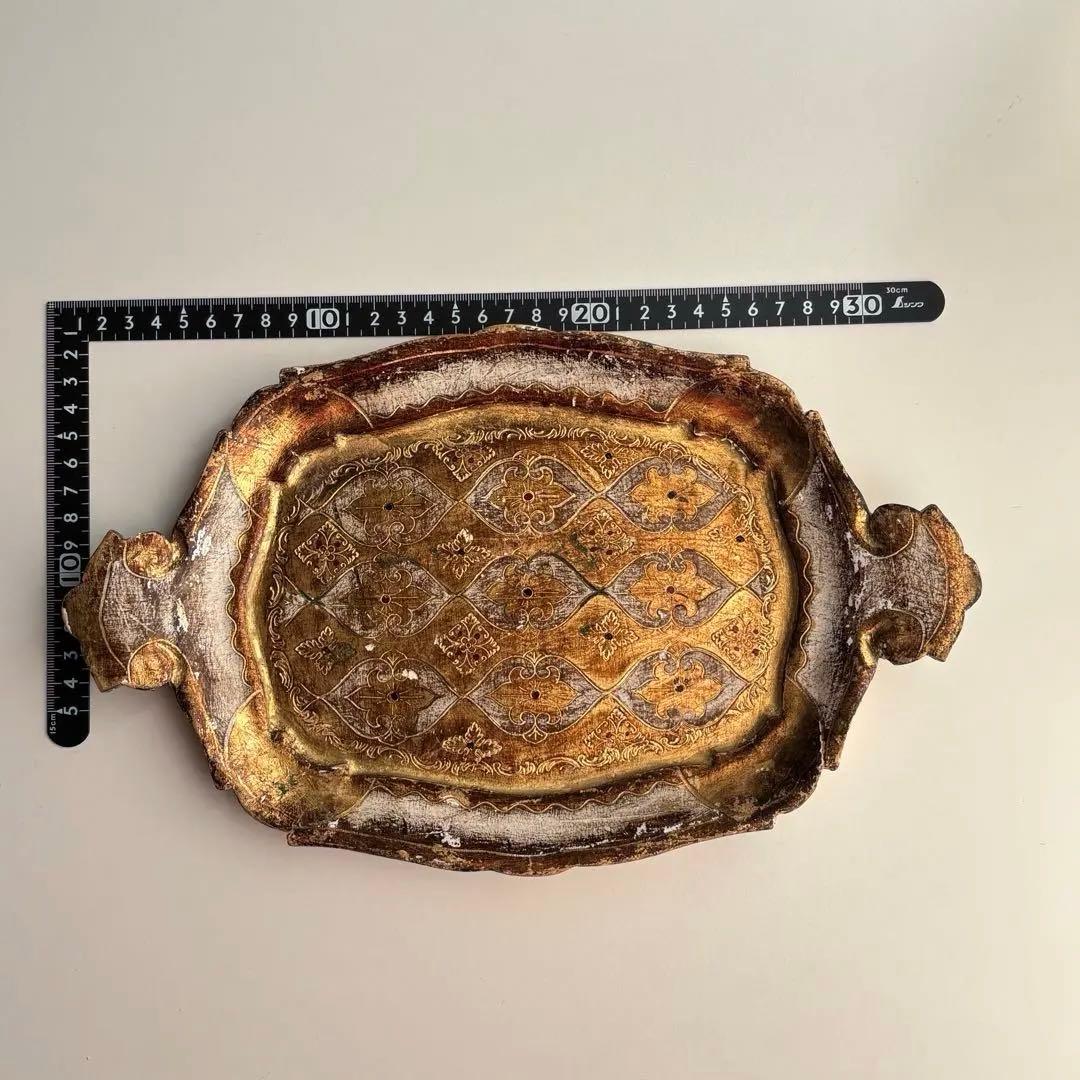 【イタリア】木製 トレイ 花リム フローレンタイン ヴィンテージ 金彩 白