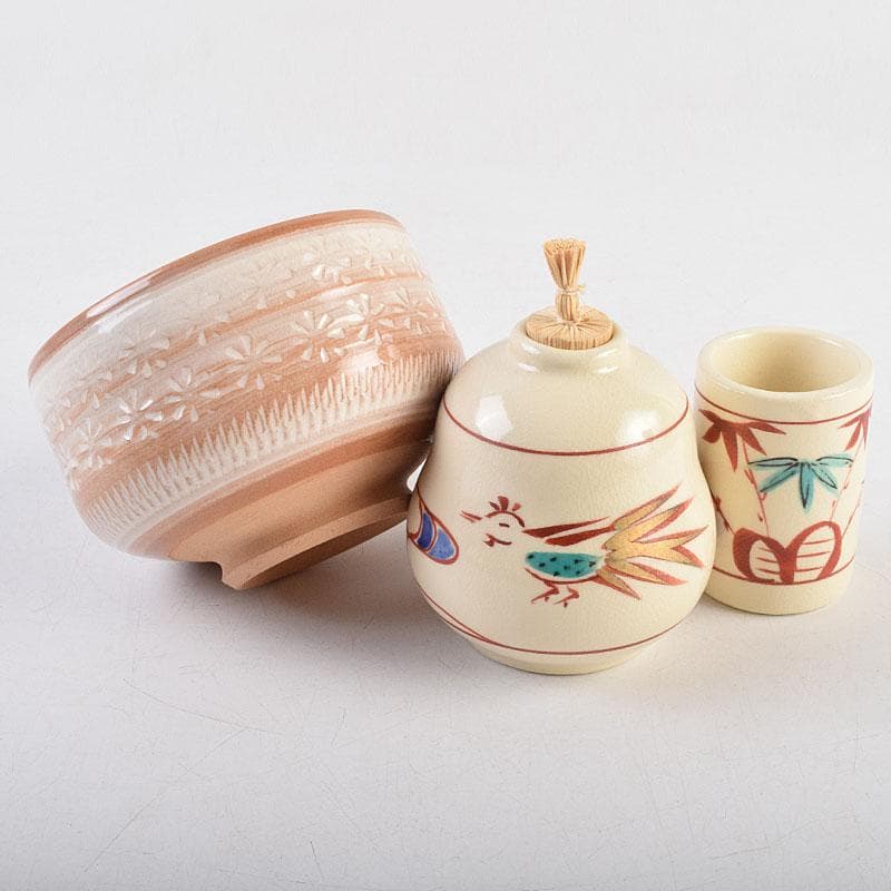 茶道具　扇子蒔絵　利休茶箱　三島刷毛目茶碗　棗など　八点一式　M　R9594