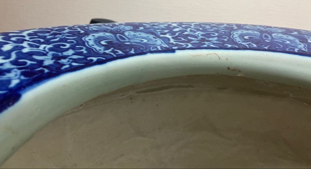 【特大46cm】火鉢 染付 山水図 陶器 骨董 時代物 睡蓮鉢 メダカ鉢