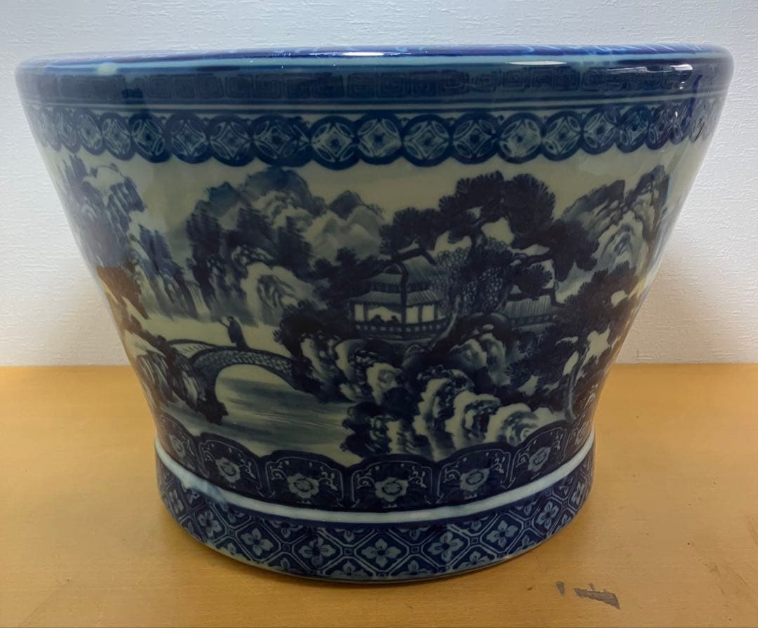 【特大46cm】火鉢 染付 山水図 陶器 骨董 時代物 睡蓮鉢 メダカ鉢