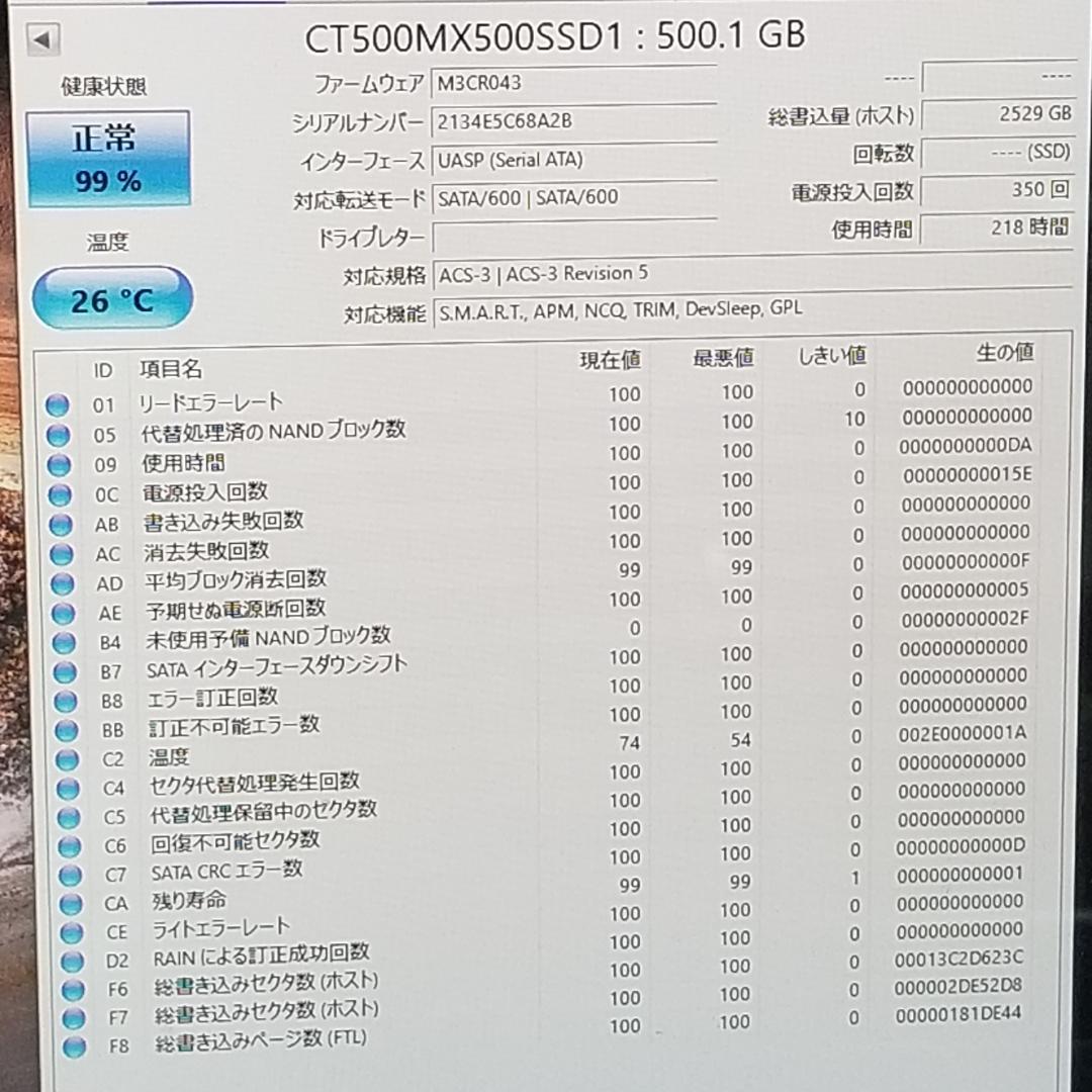 使用時間218時間 正常表示 SSD500GB 2.5インチ(B2021)