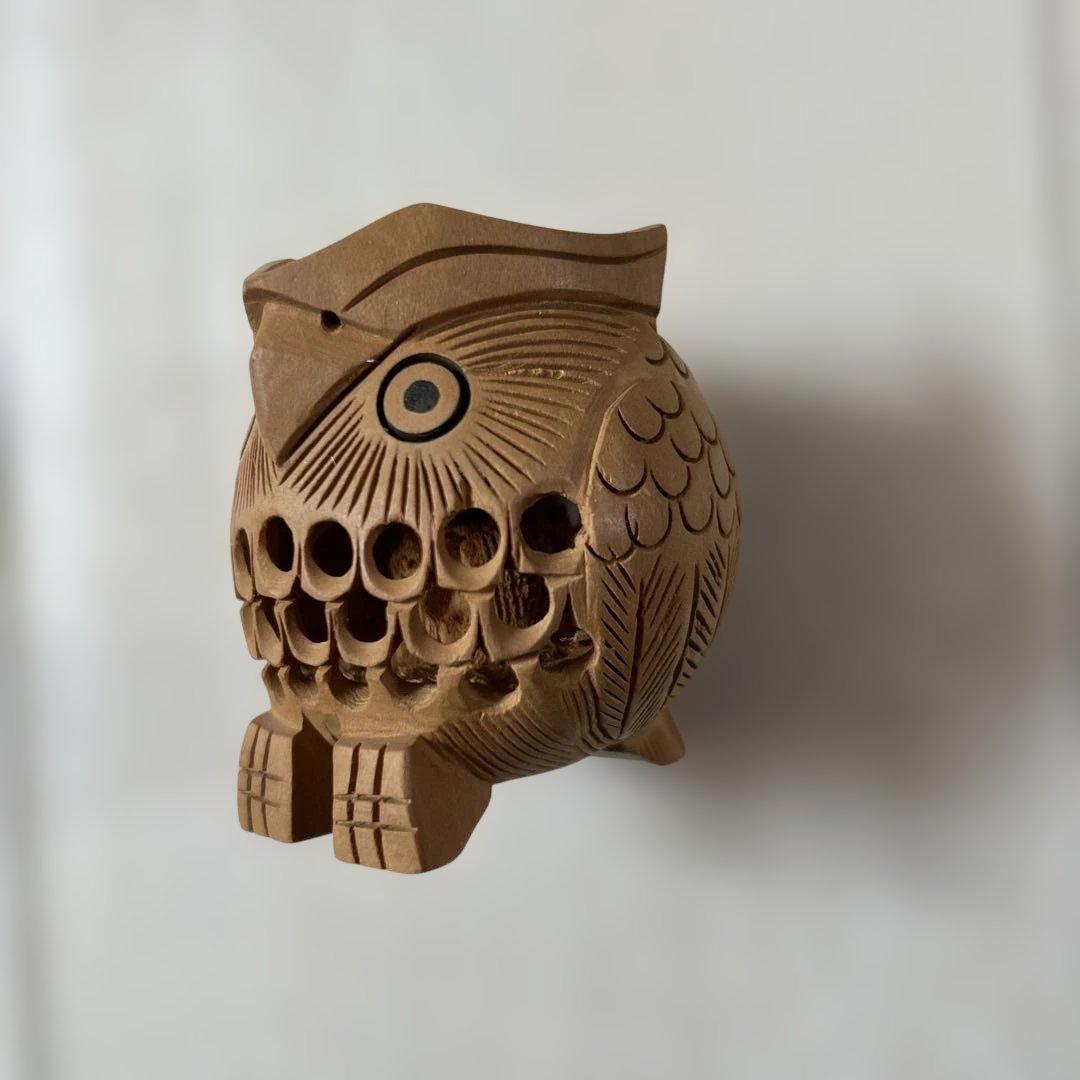 置物　木製 フクロウ彫刻