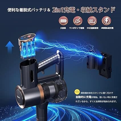 掃除機 コードレス 75Kpa真の超強力吸引 最軽量 自立式 サイクロン