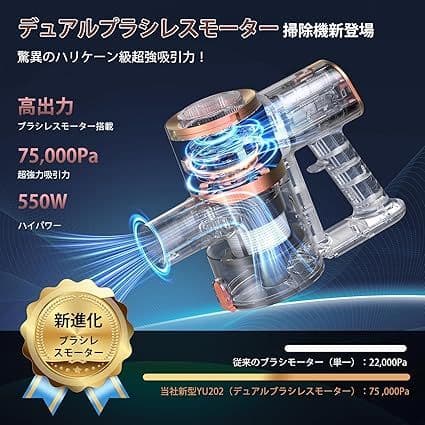 掃除機 コードレス 75Kpa真の超強力吸引 最軽量 自立式 サイクロン