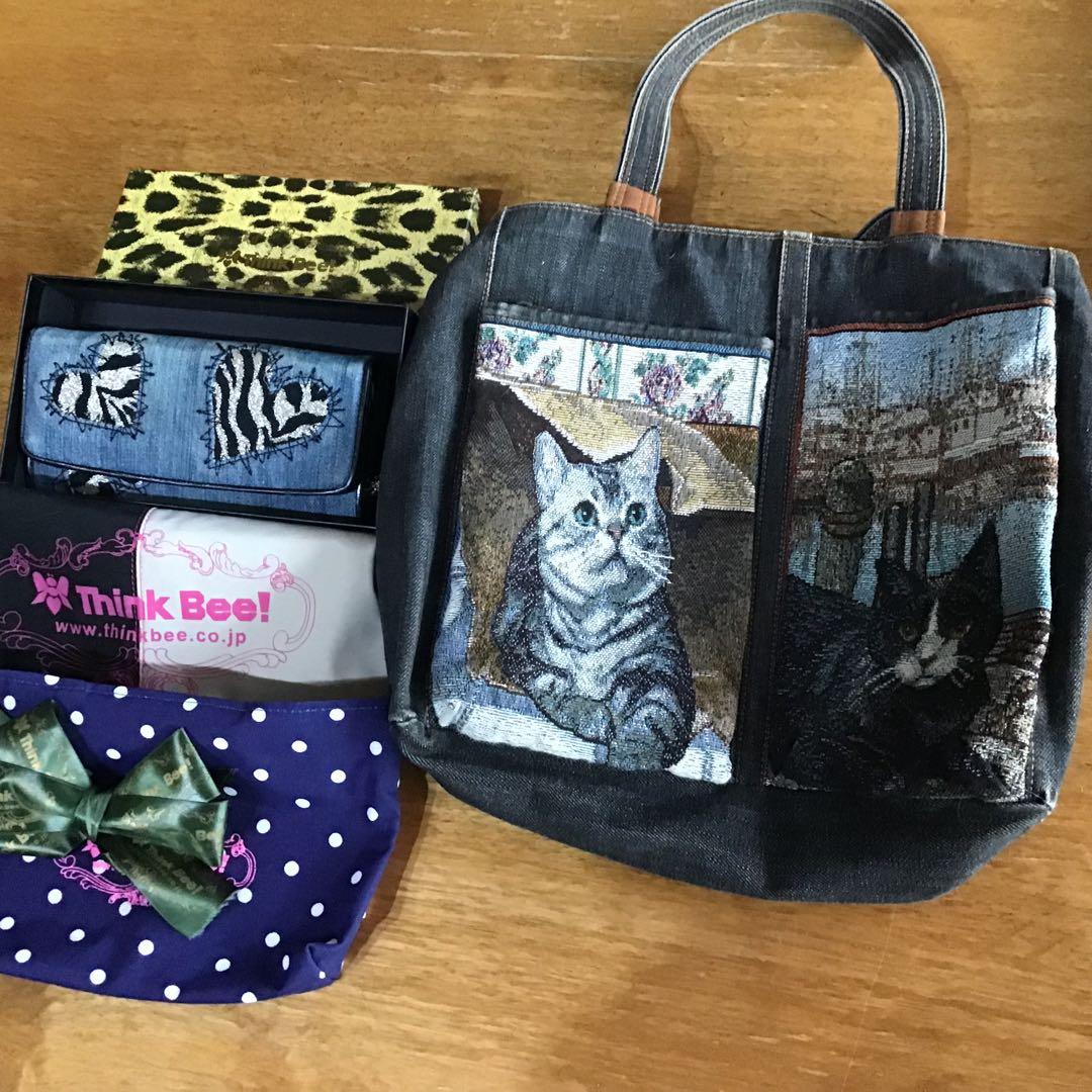 【おまとめご依頼品】シンクビー猫刺繍デニムトートバッグ（ゴブラン織）、長財布