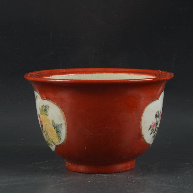 沙紅開窓ツル花鳥図菖蒲鉢 花鉢 景徳鎮 陶磁器 装飾品 現代工芸品 美術品 置物