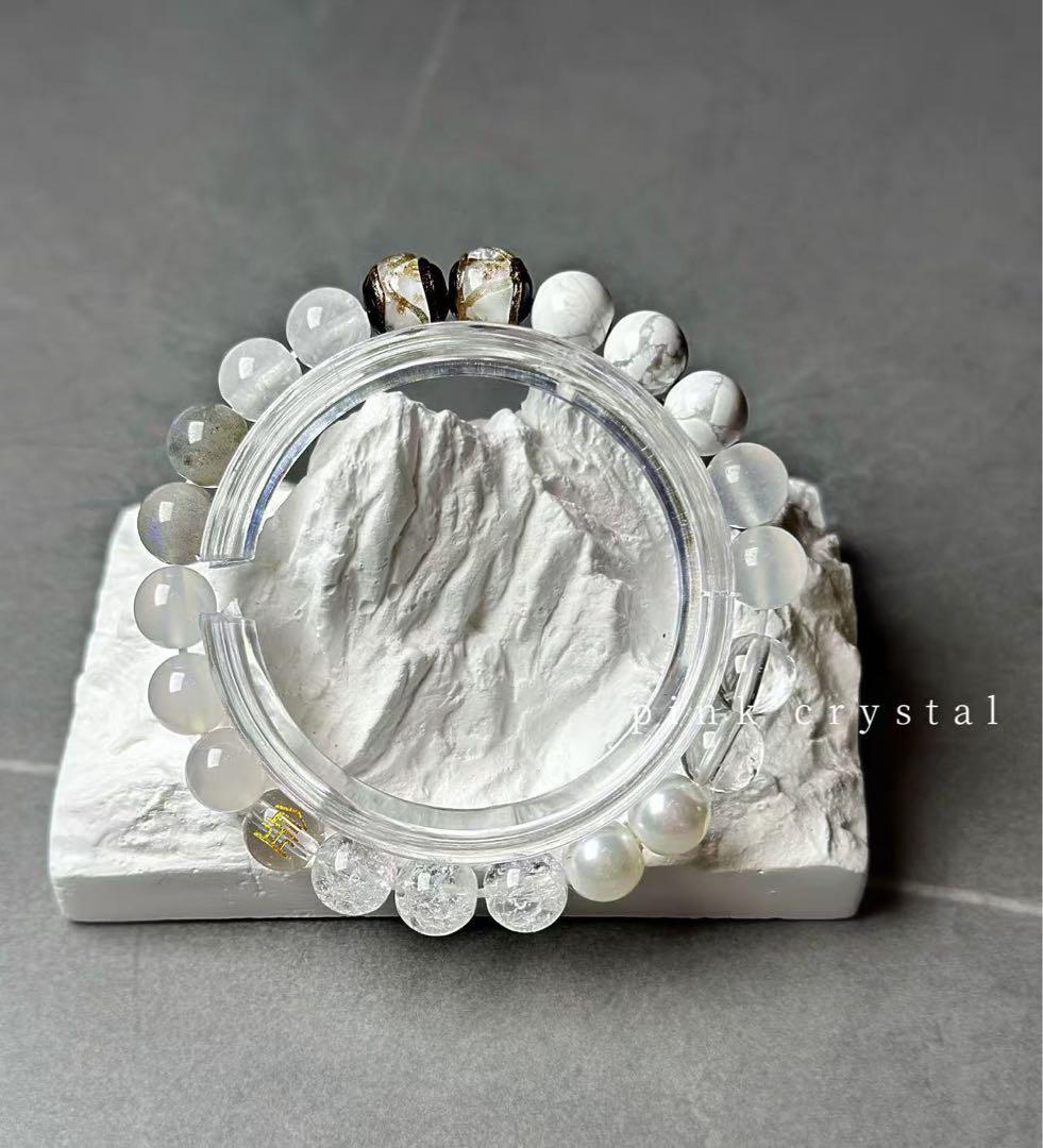 五行バランスシリーズ「金」 天然アゲート＆水晶ブレスレット（8mm）