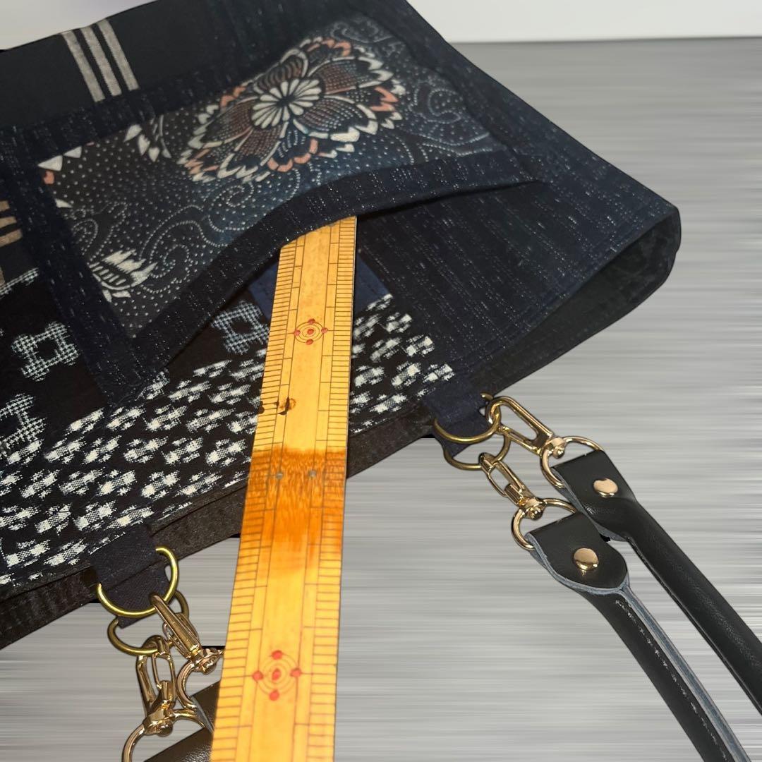 【本革持ち手】古布藍染61\"パッチワークトート　A4収納　軽量　底板付　和モダン